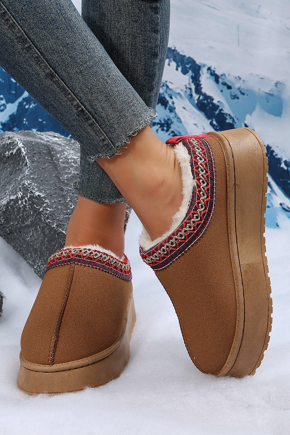 Chestnut Suede Contrast Print Round Toe Plush Lined Flats a9099ecc9ab6f0f0