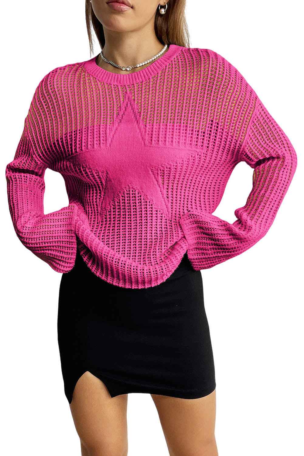 Rose Star Pattern Lightweight Hollow Knit Sweater a90a68153dcbecb6