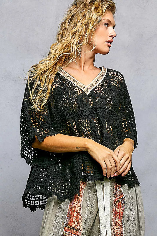 POL V-Neck Crochet Top with Scalloped Hem a90f00f7-2608-4857-869c-4e62bca8482c-Max-Origin