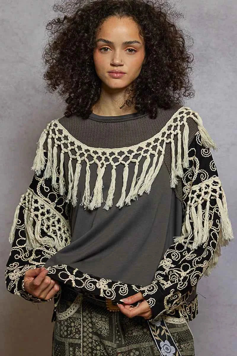 Contrast Floral Embroidery Balloon Sleeve Top with Tassel Trim a910b6d7-3797-44ba-9641-d7a4e57ef1ac-Max-Origin