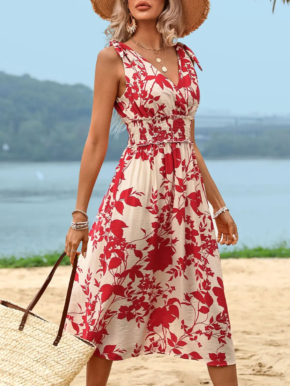 Perfee Smocked Printed Surplice Midi Dress a910c31c-18b6-497d-b2e3-633eee1c7c59-Max
