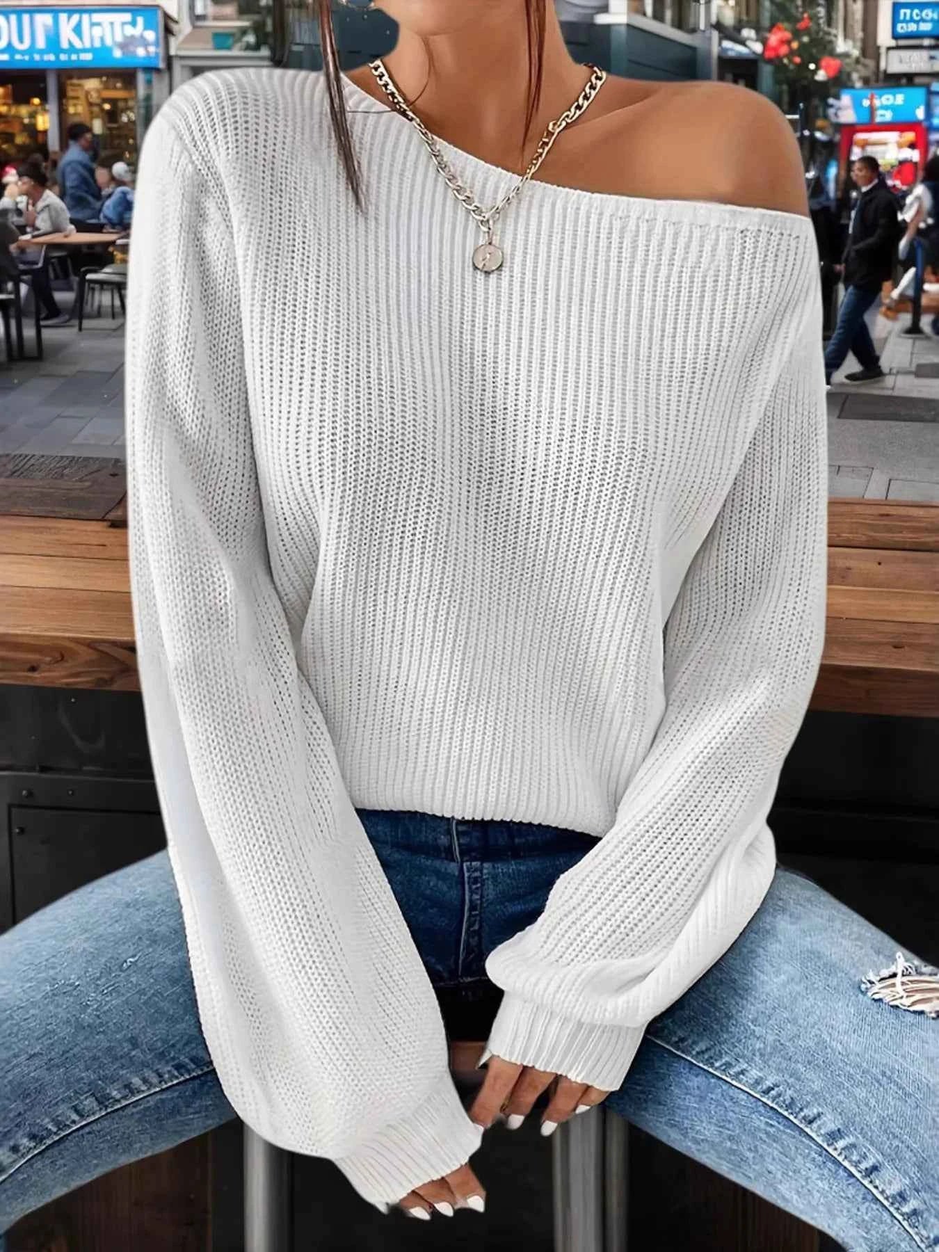 One-Shoulder Ribbed Knit Top with Relaxed Fit