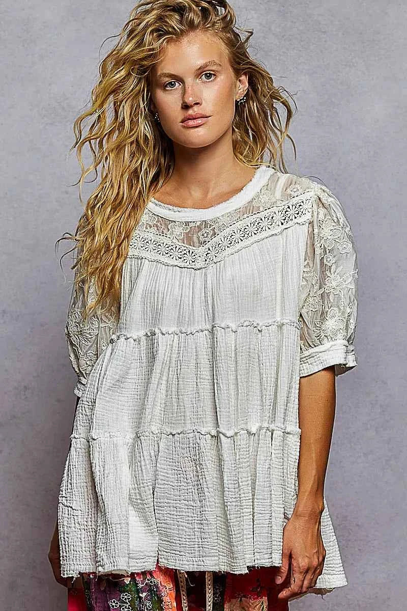 POL Lace Detail Tiered Round Neck Half Sleeve Blouse OFFWHITE a91581c8-7a96-4b04-baa1-7d10e77fb820-Max-Origin