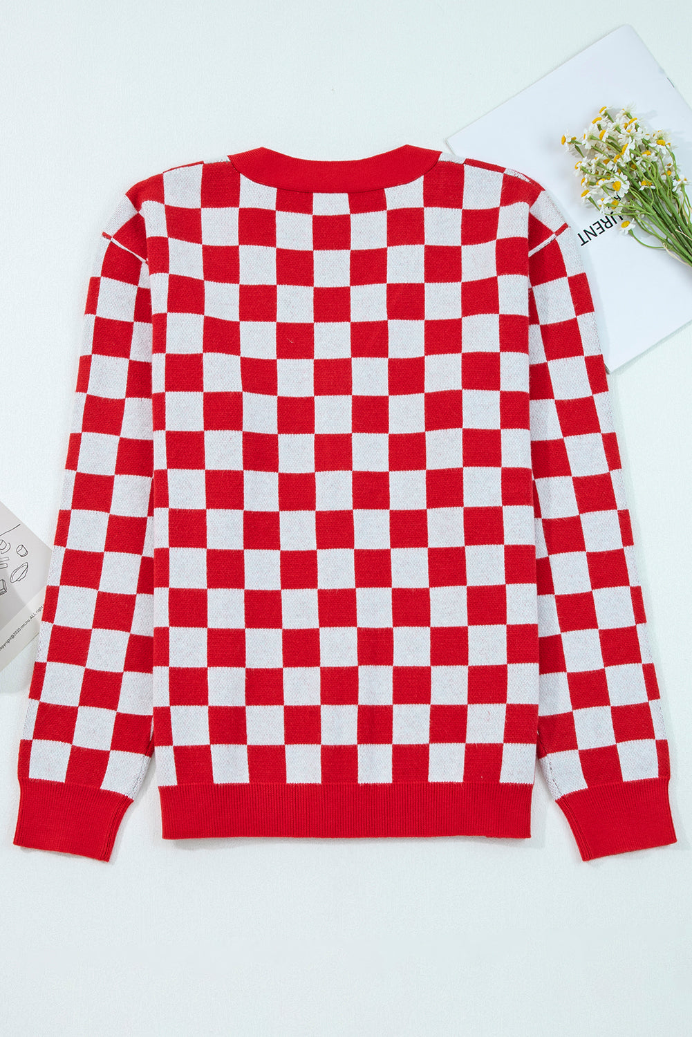 Red Checkered Christmas Tree Pattern Button V Neck Knit Cardigan a91623acf1ad549d