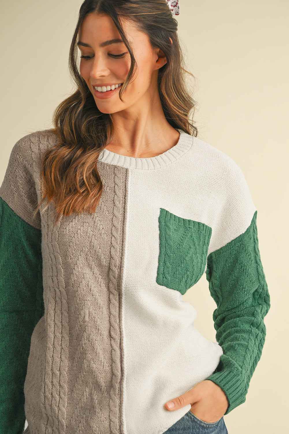 Vineyard Green Colorblock Pocket Drop Shoulder Sweater a91666f4f70efcf1