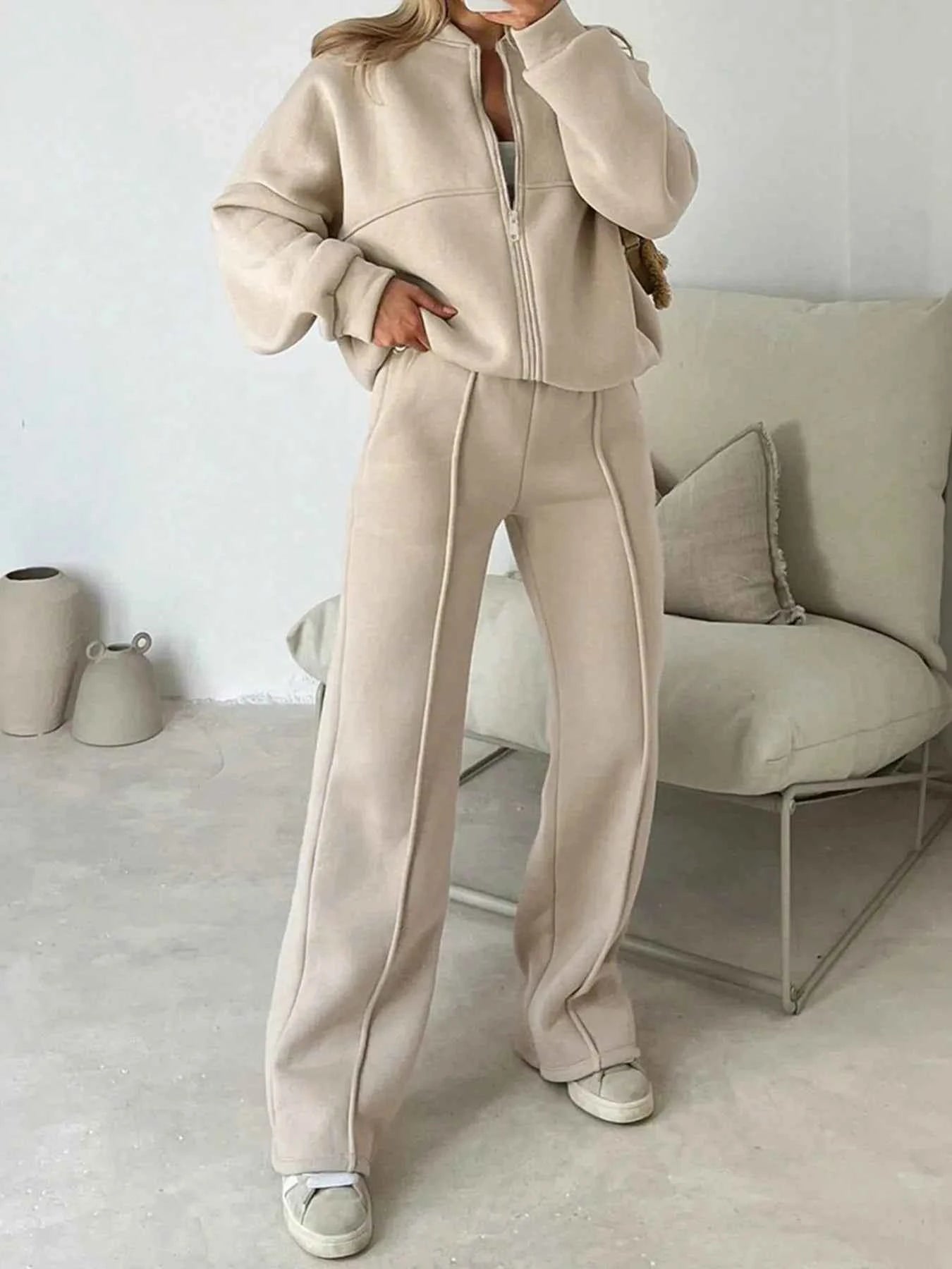 Zipper Up Jacket and Drawstring Pants Set Camel a9205f15-3911-4764-9199-48857f125b88-Max-Origin