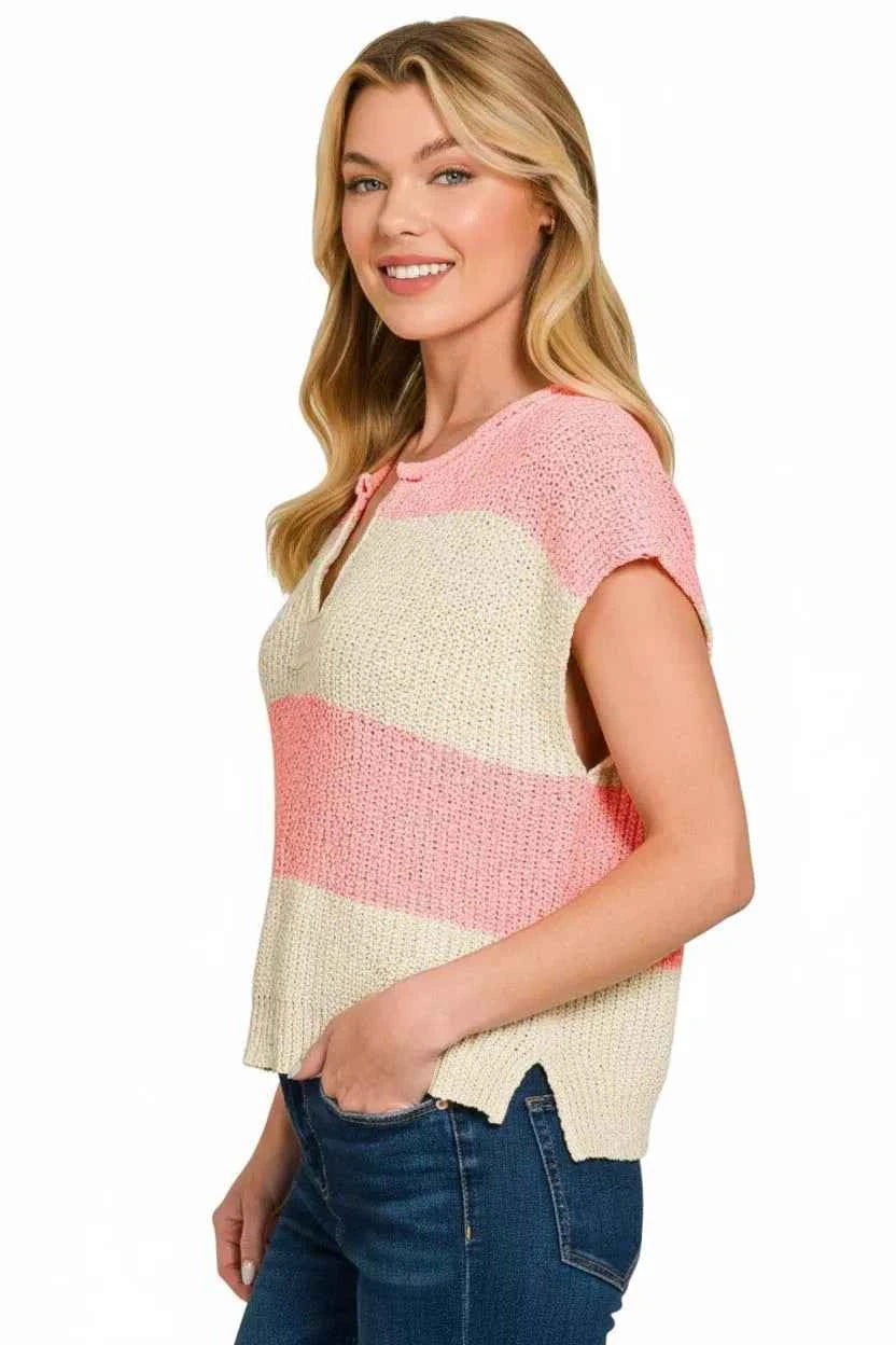 Zenana Split Neck Sleeveless Stripe Sweater a9208872-07ec-4cc0-9c4b-39856c9469c3-Max-Origin