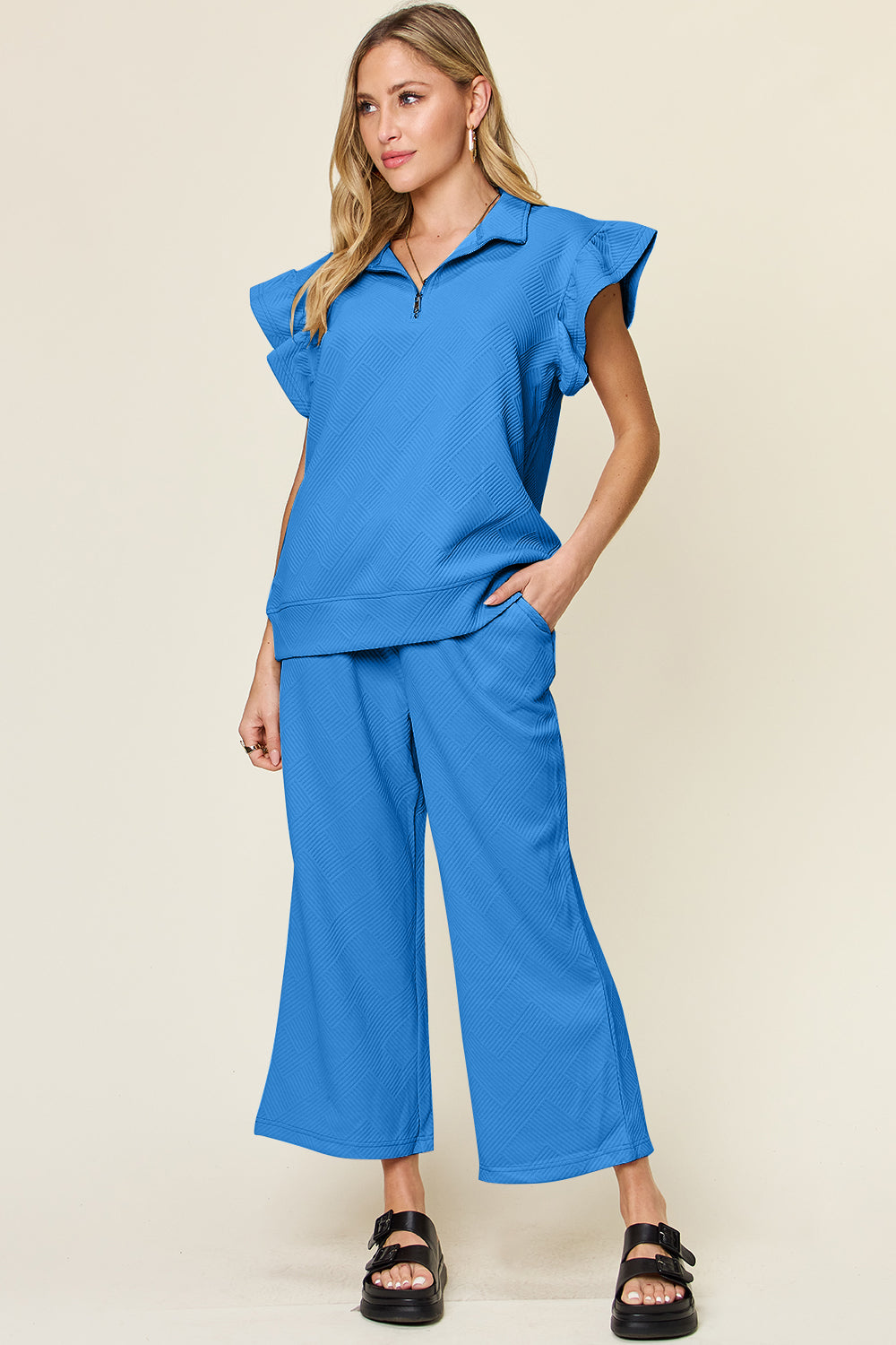 Double Take Texture Ruffle Short Sleeve Top and Drawstring Wide Leg Pants Set Cerulean a922de52-e555-4336-bd0c-ee917fd76fe2-Max