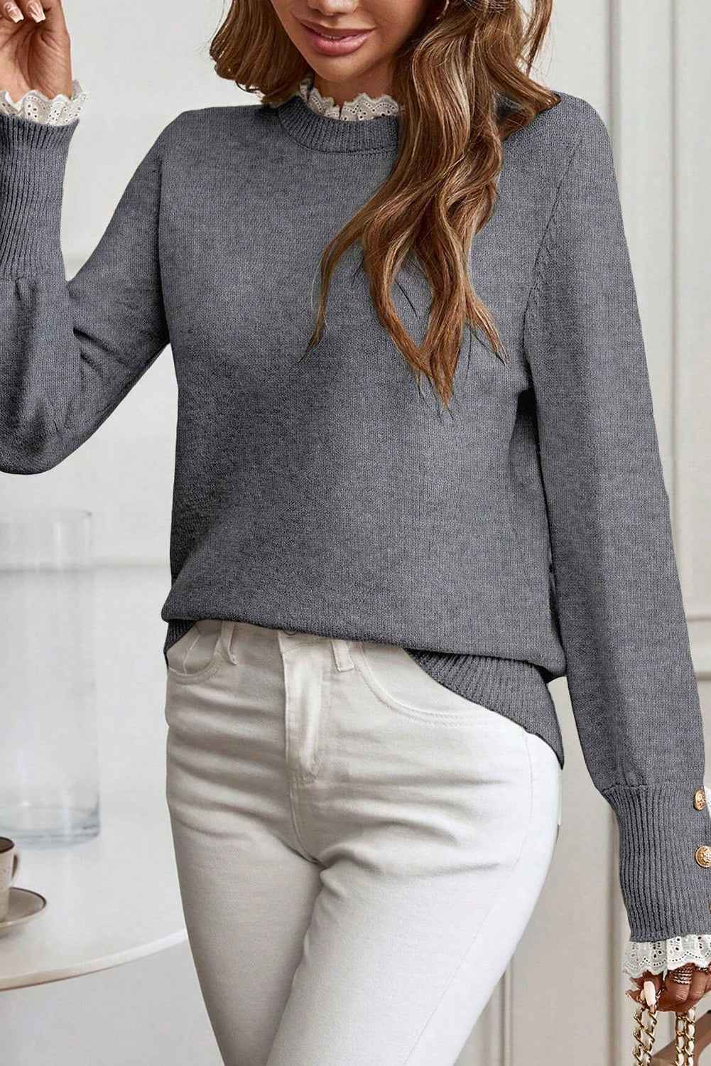 Racing Red Lace Trim Patchwork Buttoned Cuffs Loose Sweater a92b7db72ea3be16