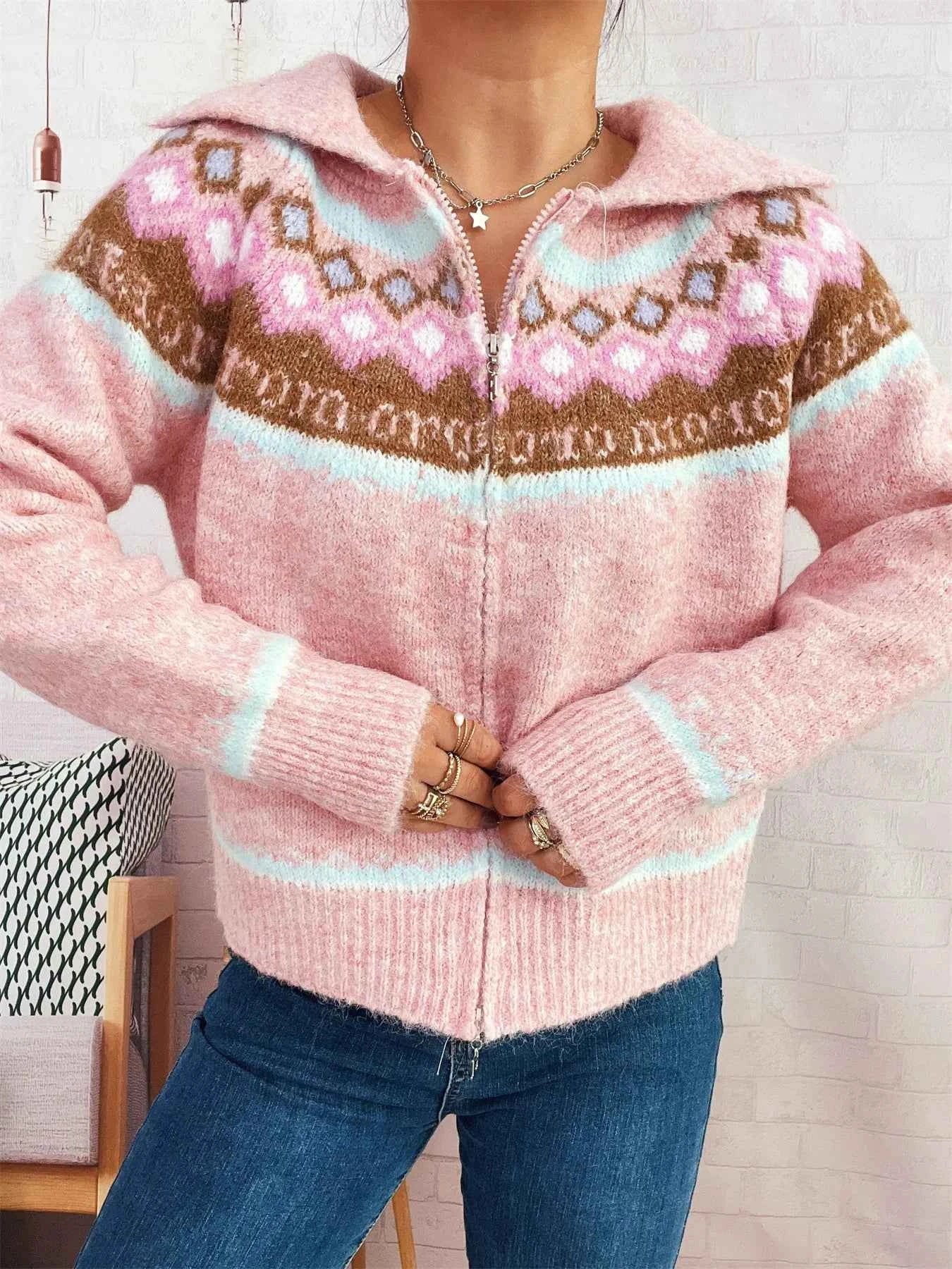 Fair Isle Pattern Zip-Up Cardigan a92d90c3594646a9a9bb48a3bcbede81-Max-Origin