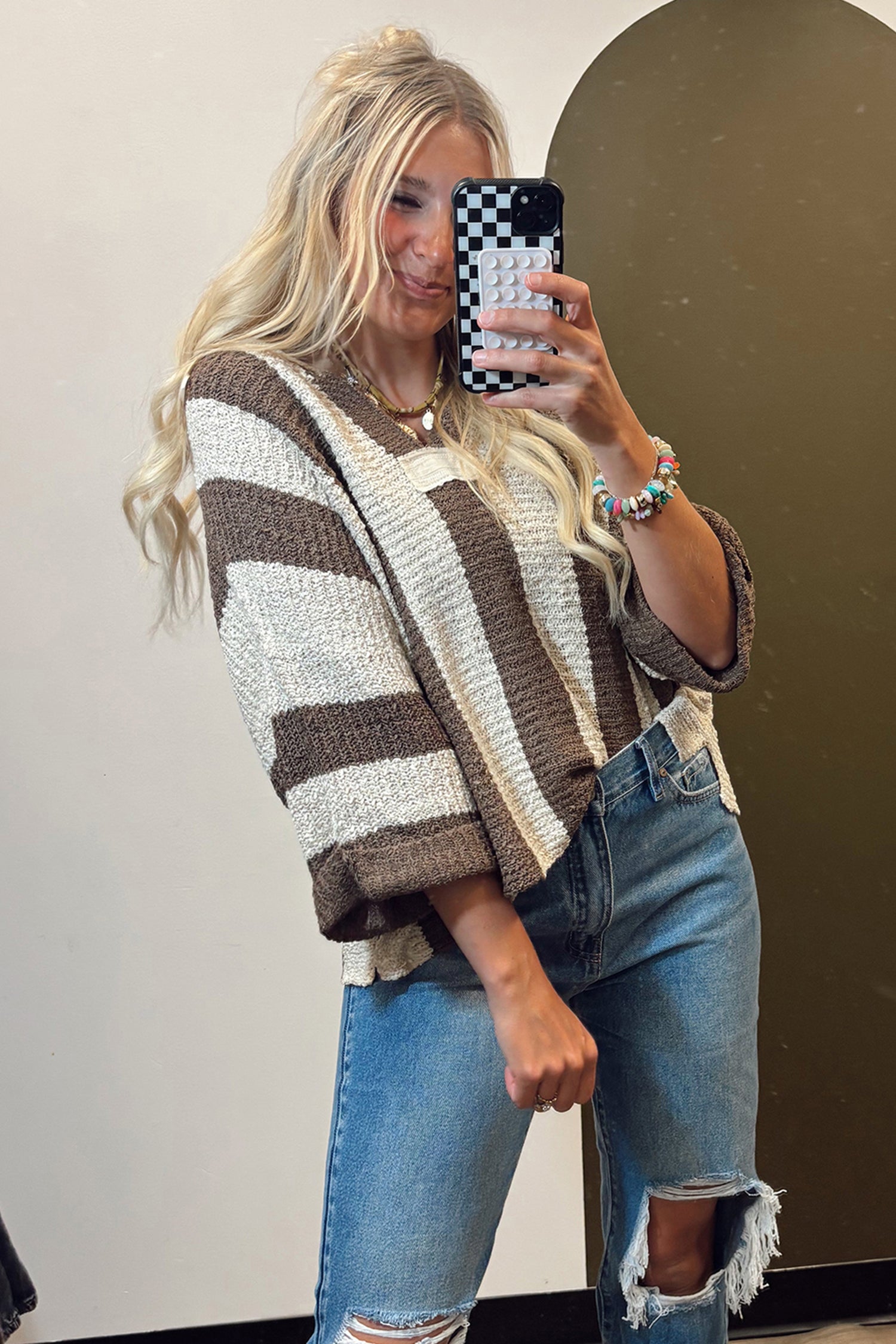 Red Stripe Colorblock V Neck Bracelet Sleeve Sweater a9320182964fdcfc