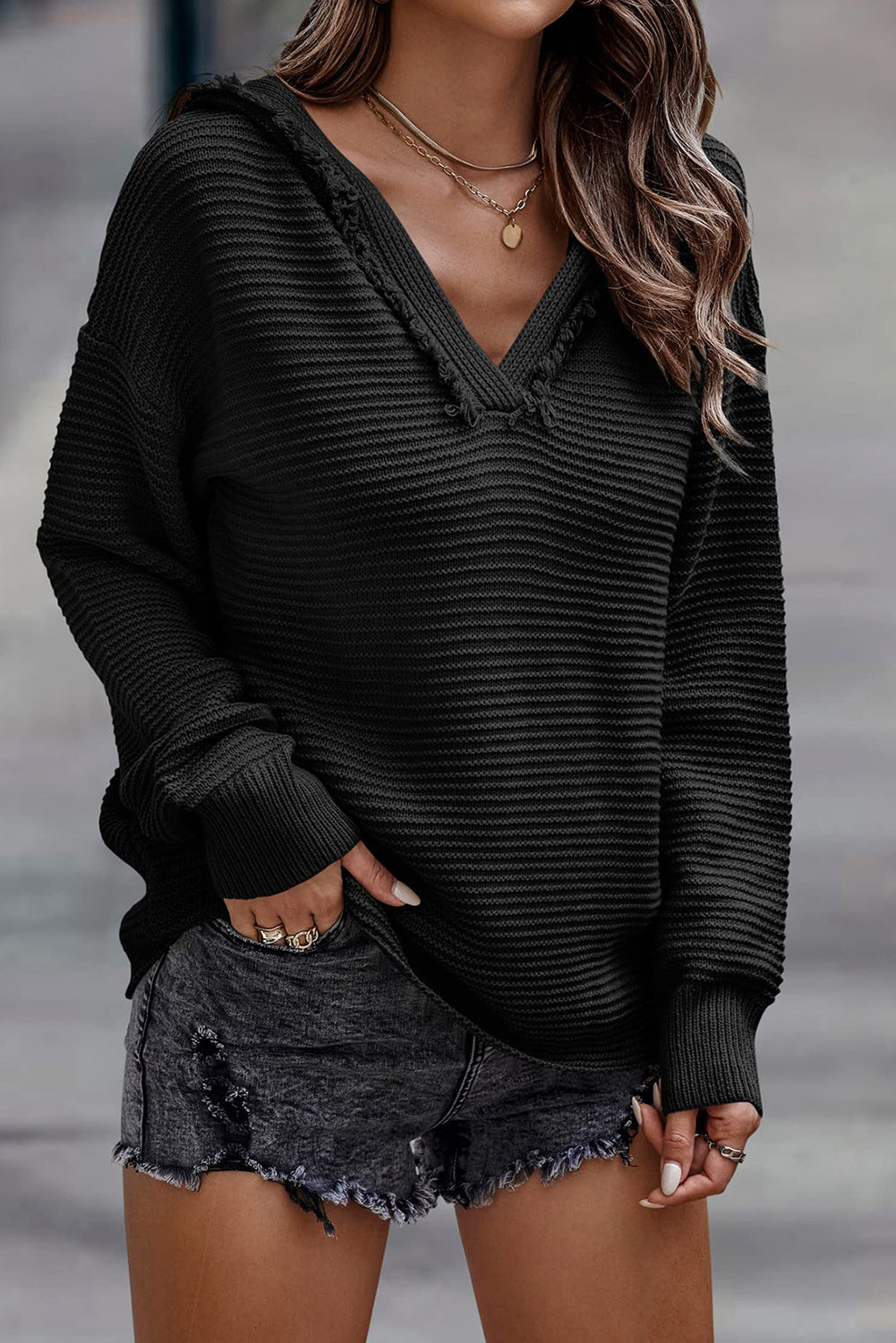 Purple Split V Neck Pullover Hooded Sweater a938fb8c3d05f851