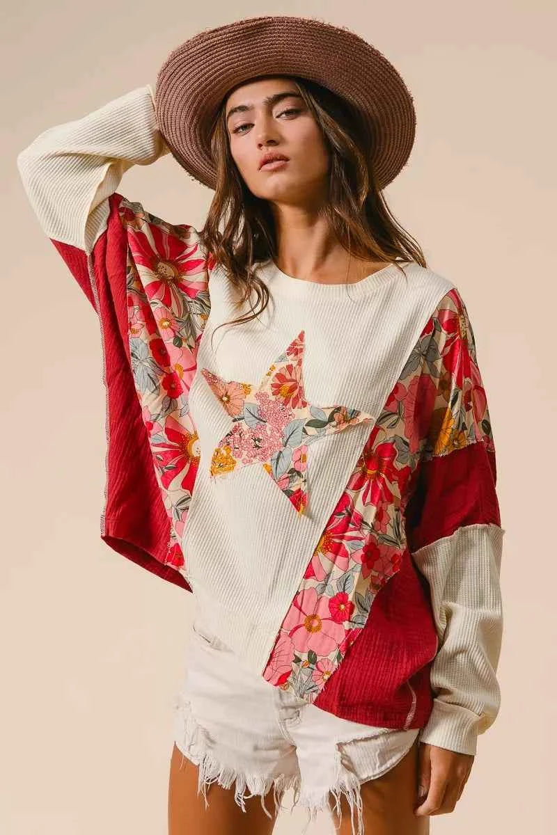 BiBi Floral Print Mixed Star Patch Round Neck Sweatshirt a94631f9a98045669e801664af661723-Max-Origin