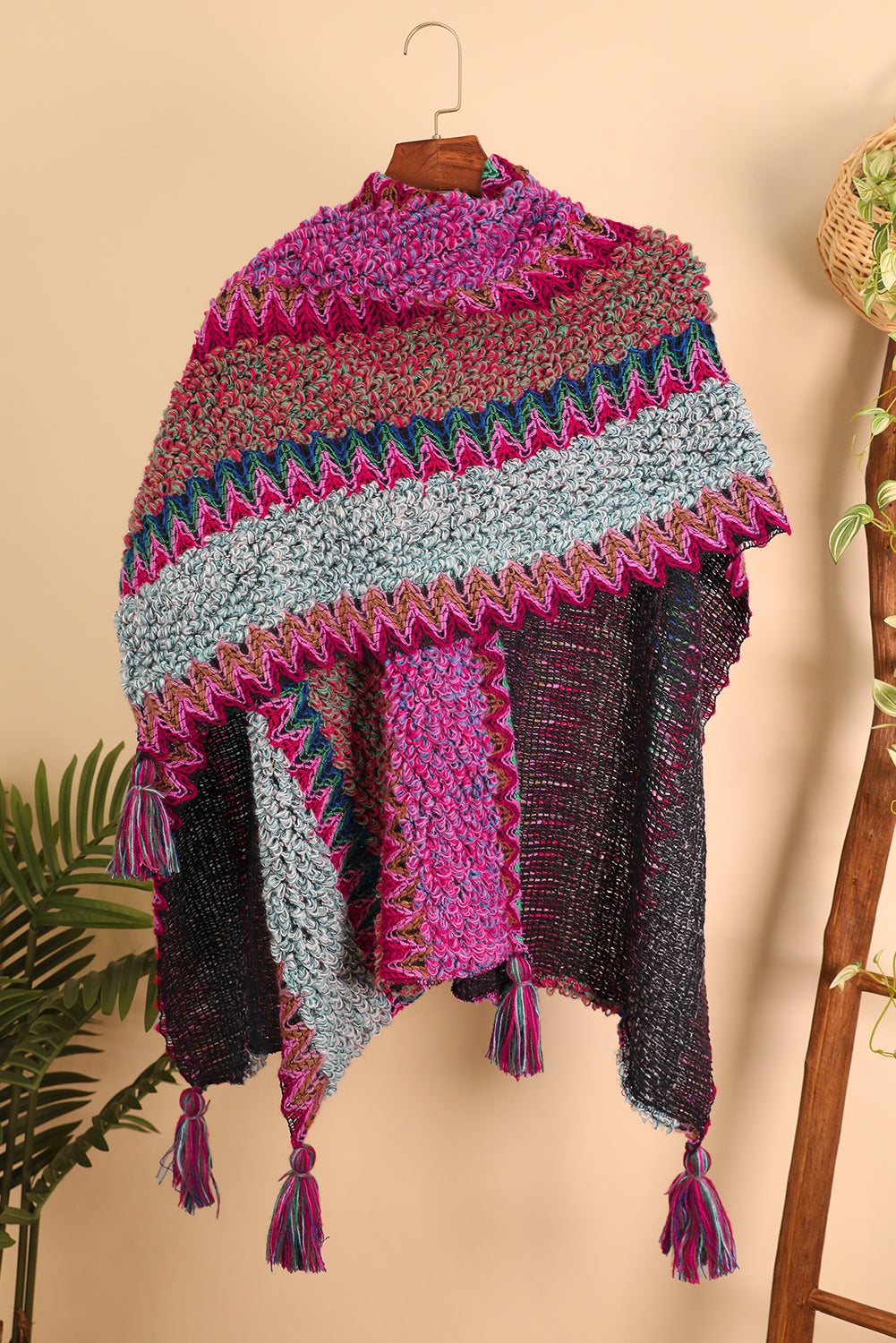 Rose Red Ethnic Tassel Knit Poncho a947f7ee6b44f0ec
