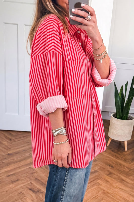 Red Stripe Button-Up Shirt Long Sleeve Patch Pocket Casual Shirt a95544ab521eec61
