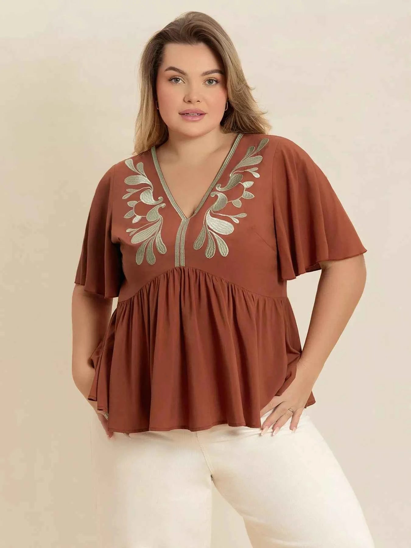 Plus Size Embroidered V-Neck Flutter Sleeve Blouse a95729f1-66d2-4bbb-96cd-f72d7e695f3f-Max-Origin