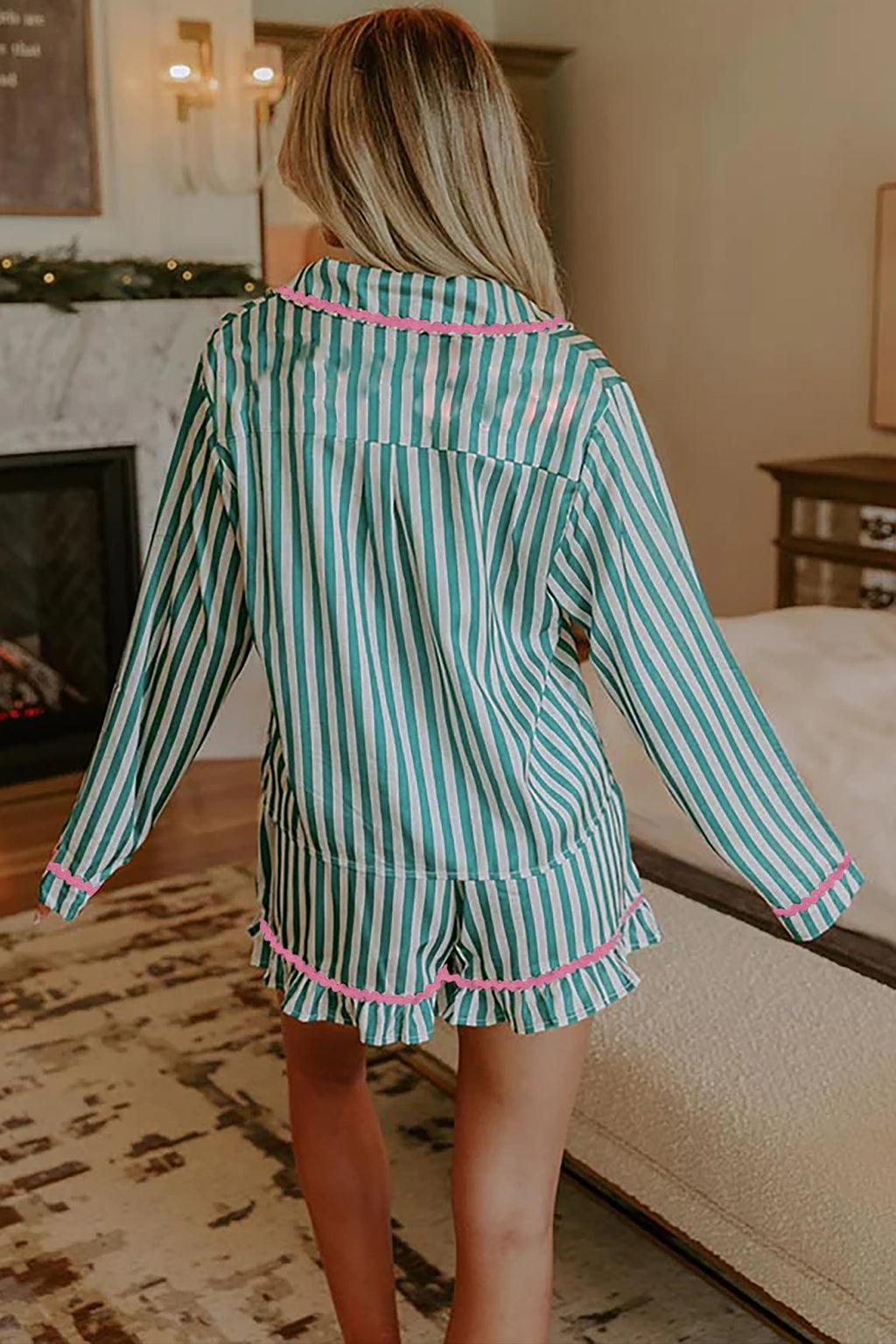 Green Stripe Contrast Ricrac Trim Long Sleeve Shirt Drawstring Ruffled Pajama Short Set a963283e616b90c5