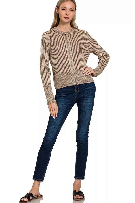 Ribbed Two Tone Zip Up Sweater Cardigan a967e2c582f6448989d57c11138f3d1e-Max-Origin
