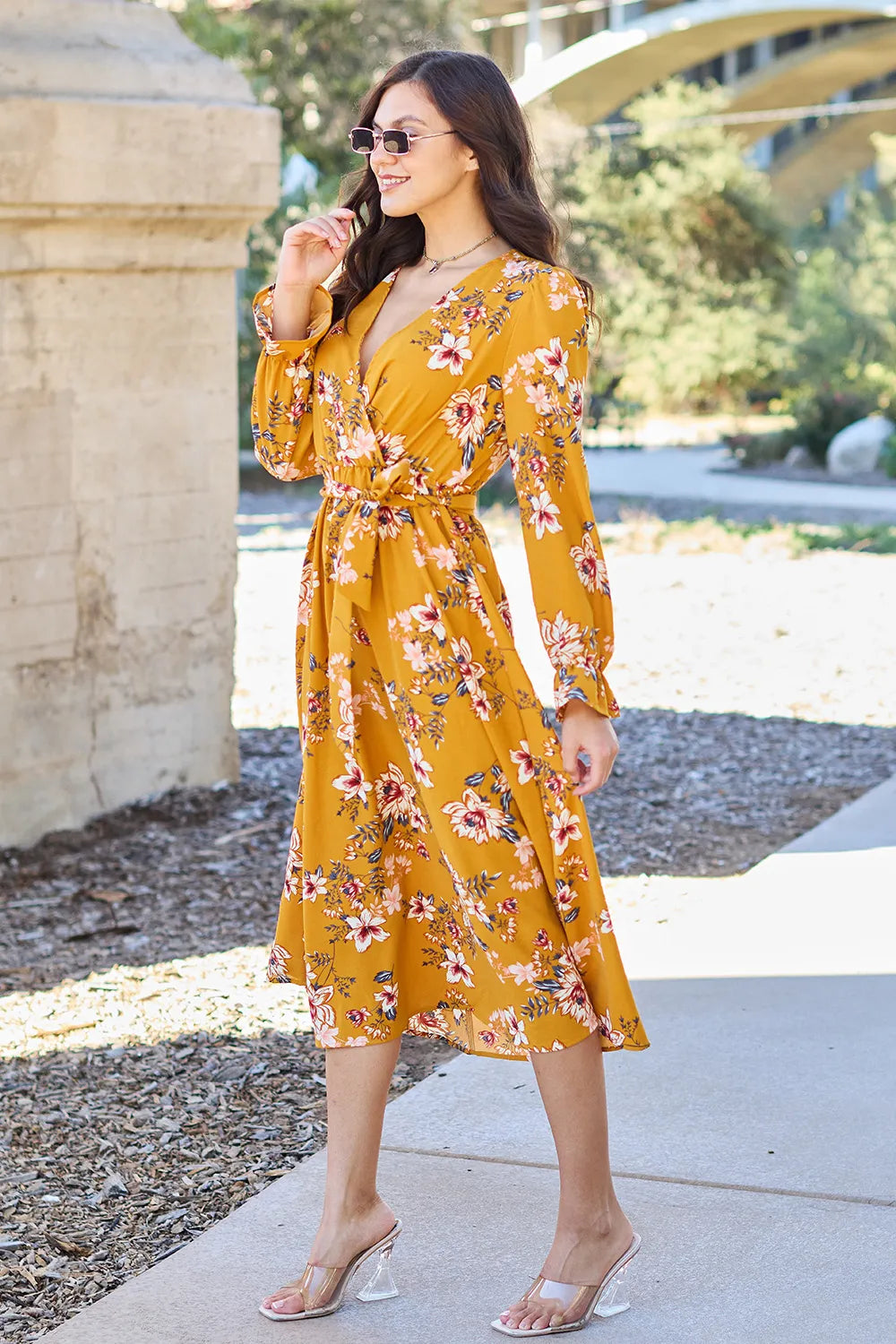 Double Take Full Size Floral Tie Back Flounce Sleeve Dress a967f76938ad4a24be4f9308387b4159-Max