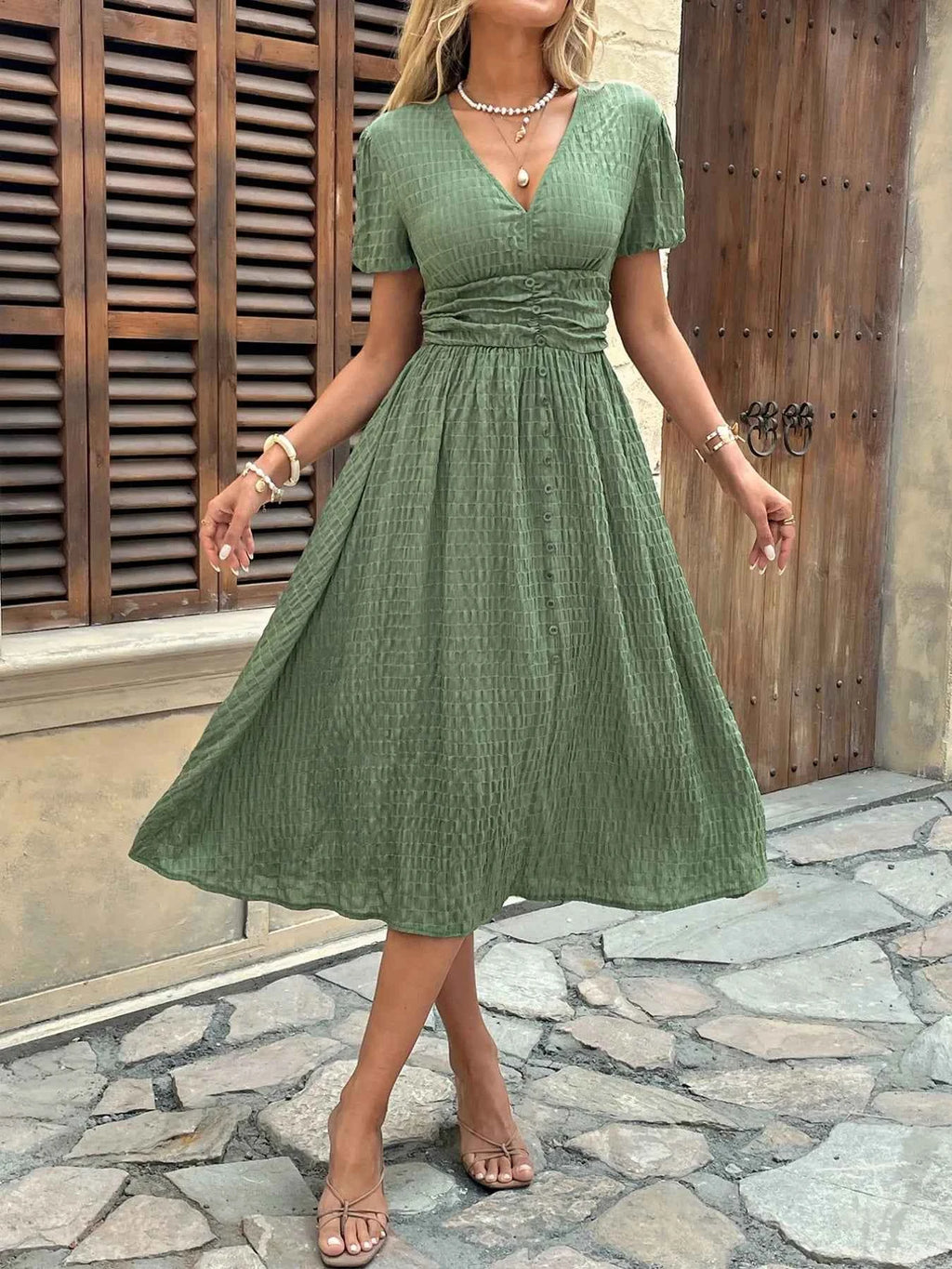 Textured V-Neck Short Sleeve Dress a969e989-74fd-41cc-a9d8-eb489020d16e-Max-Origin
