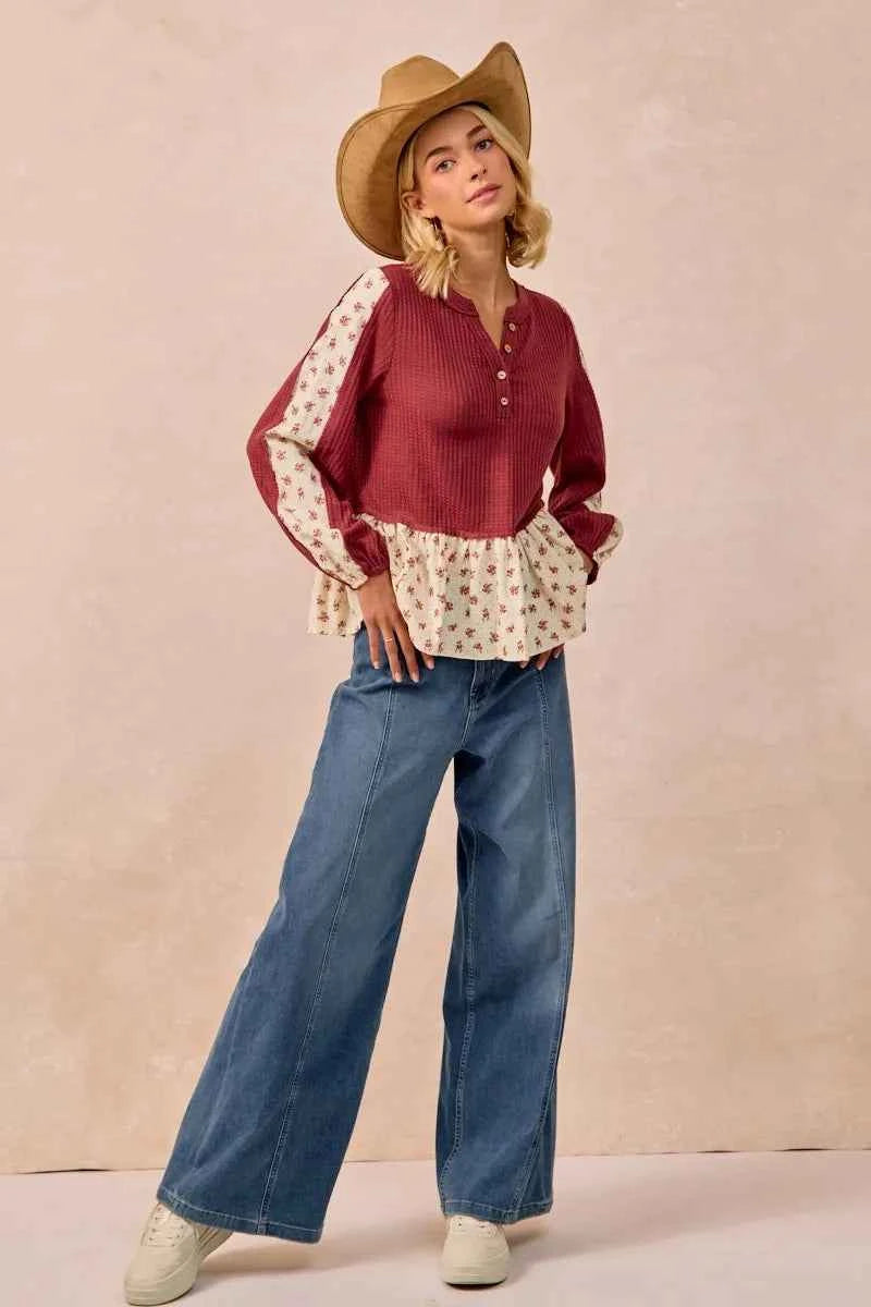 BiBi Waffle with Floral Woven Combo Top a96afc4d015f4e71898fe1aecdbca64c-Max-Origin