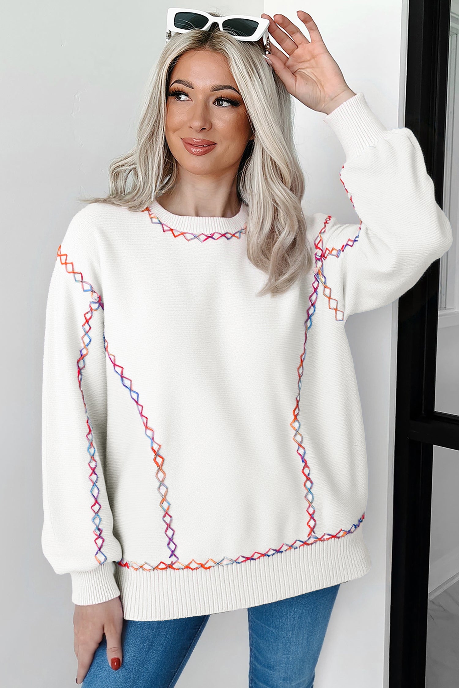 Orchid Bouquet Rainbow Stitching Balloon Sleeve Relaxed Sweater a96ec50dd8050129