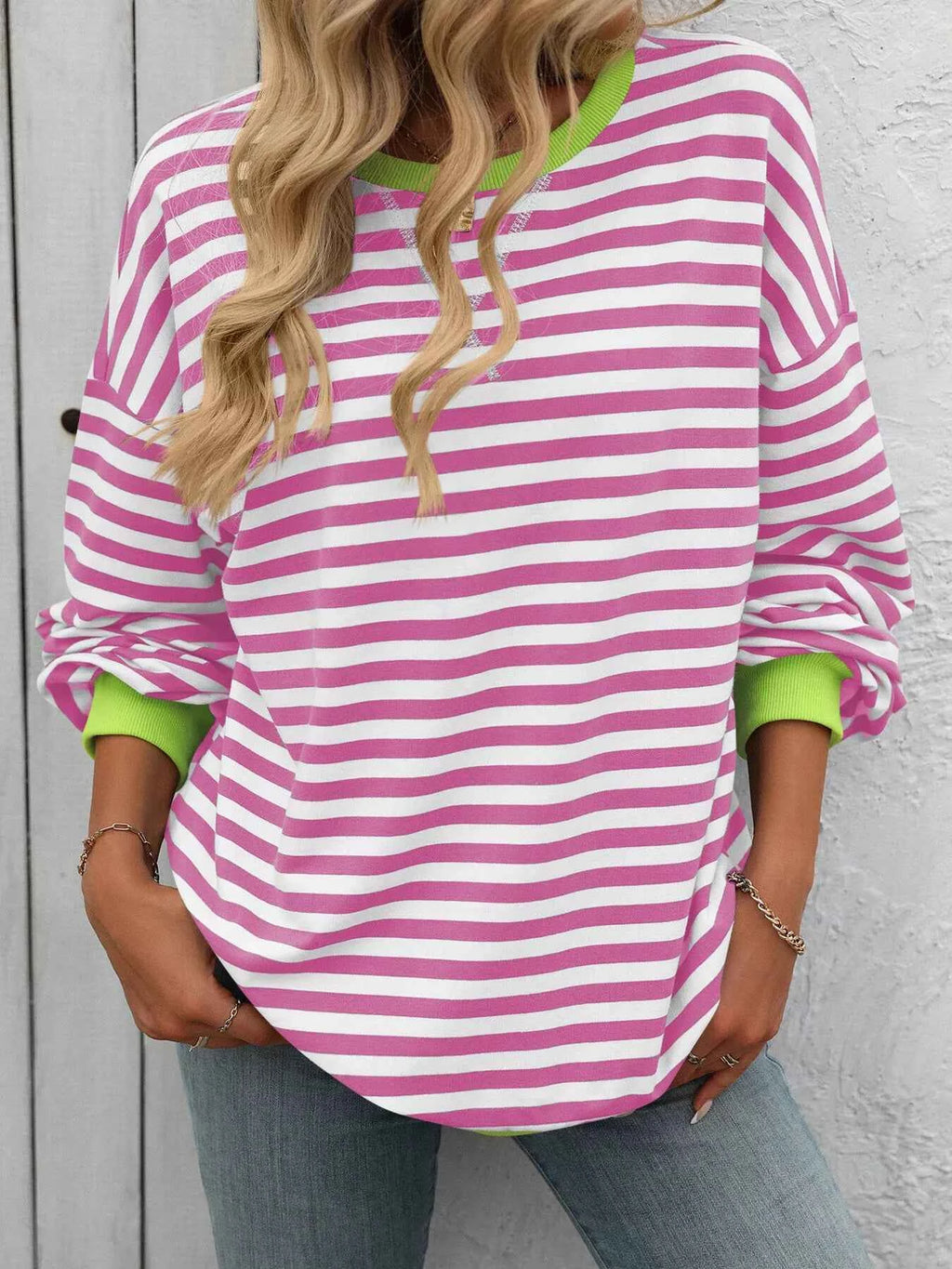 Striped Round Neck Dropped Shoulder Sweatshirt a97a98312fcc4ad9bf1d6c5aca552dbe-Max-Origin