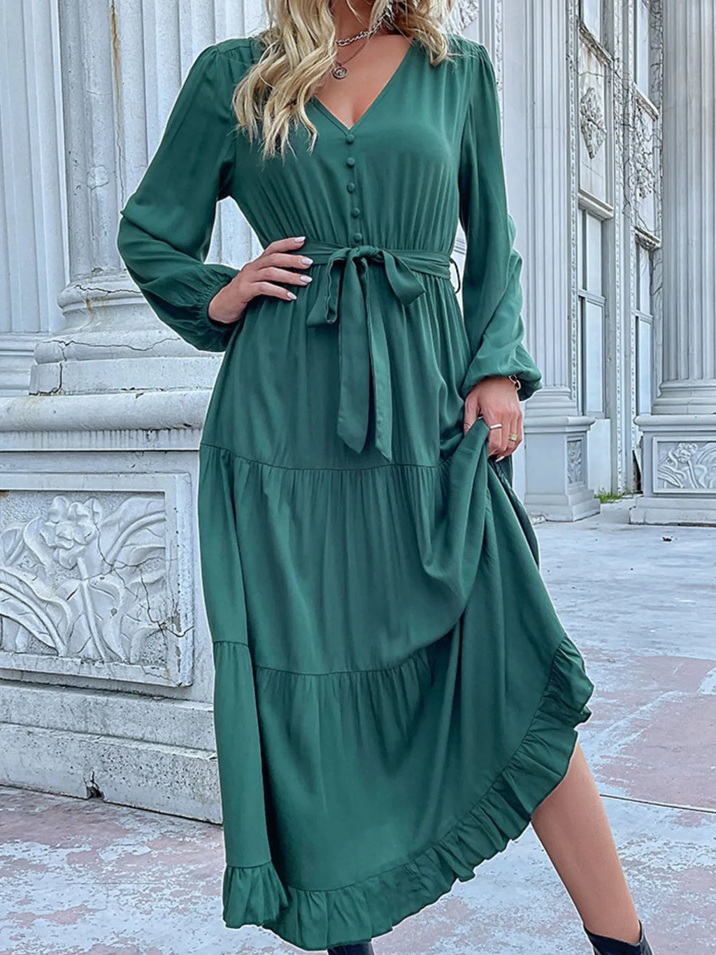 Ruffled Hem V-Neck Balloon Sleeve Dress a97c6ace-d7e1-4dfc-a33e-66d9ce9ac64a-Max-Origin
