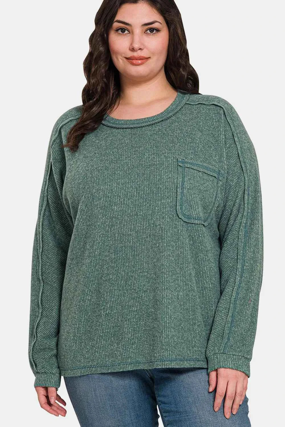 Zenana Full Size Contrast Stitching Brushed Ribbed Hacci Knit Top a980e15c-928e-4e25-9011-af2bfe0f4ef9-Max