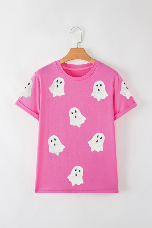 Sachet Pink Halloween Ghost Sequins Patch Casual T Shirt a988fe02b1b585d2