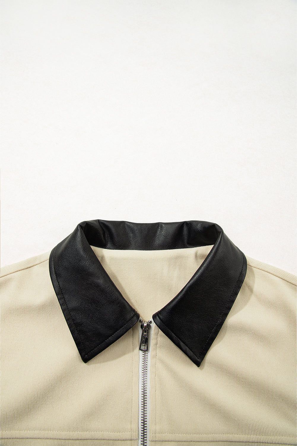 Parchment Contrast Leather Collar Textured Zip Up Jacket a9920f9e5fd2da56