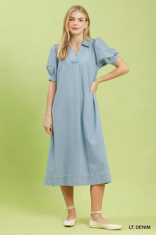 Chambray Collared Puff Sleeve Dress a995eaea-8ef2-4c7e-89af-7282259e5f53-Max-Origin
