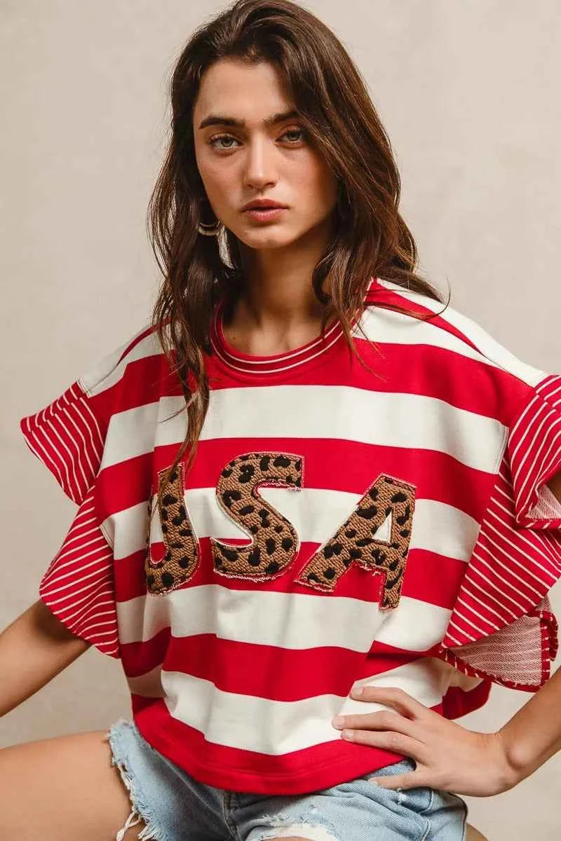 BiBi Stripe Mixed Ruffle Sleeve Top With Leopard Letter a9a57330ba07461a8aca1715c515b4f9-Max-Origin
