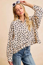 BiBi Crinkle Polka Dot Ruffled Hem Button Up Shirt Top a9a762f13c0e4f7383df54bf51468a4c-Max-Origin
