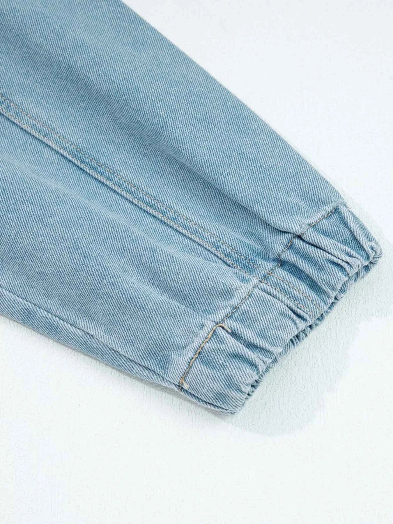 Elastic Edge Collared Zip Up Denim Jacket With Pocket a9a8f063d0754b4a8c10dff0caab179a-Max-Origin