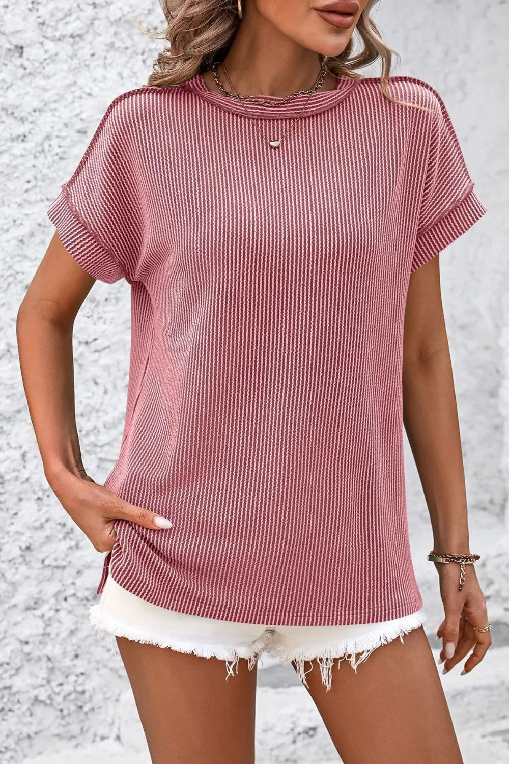 Mandy Striped Round Neck Short Sleeve T-Shirt a9a9f259-2c7f-4d63-b8a9-59f6949714b7-Max