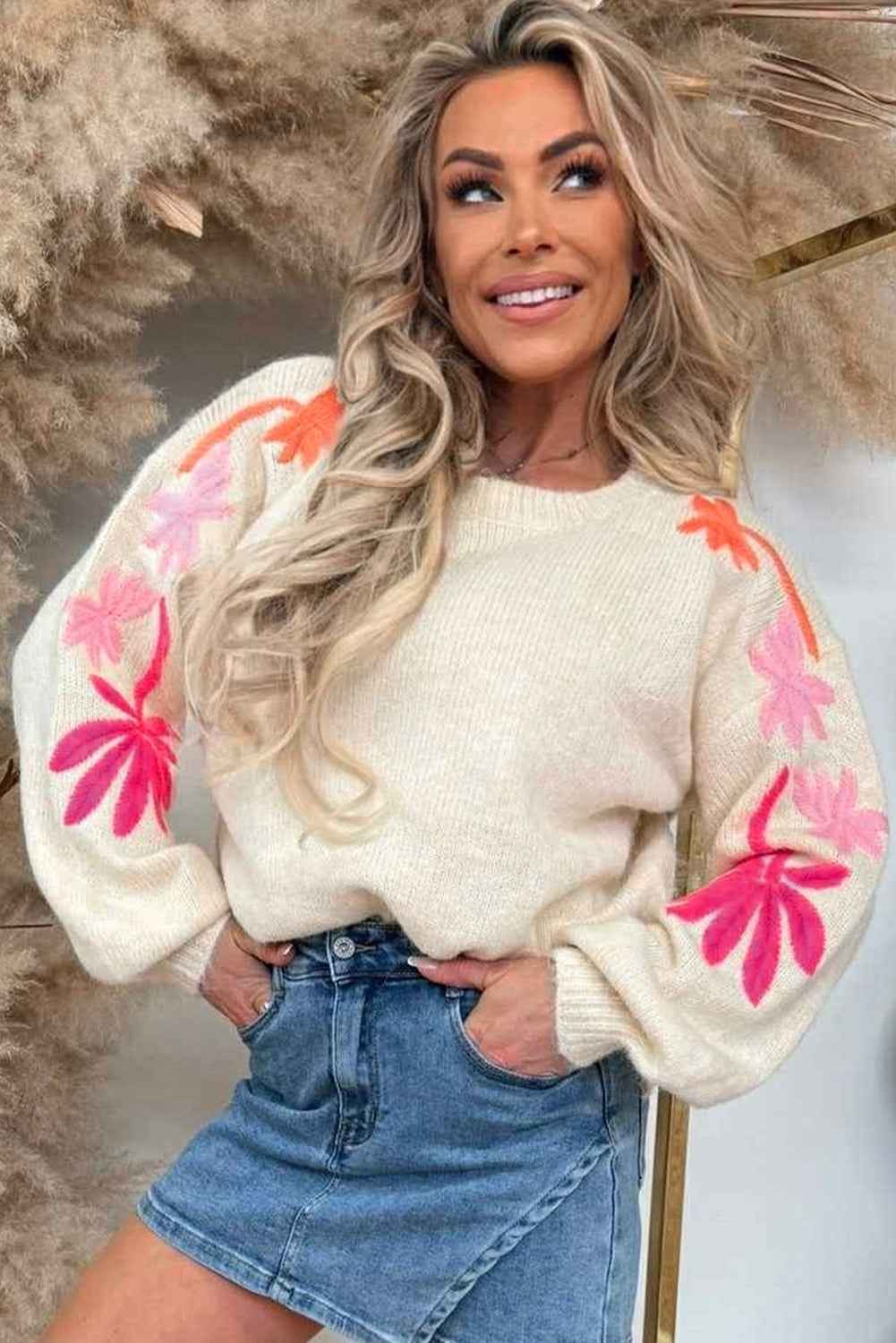 Beige Embroidered Floral Sleeve Round Neck Loose Sweater a9aad80c655bbf1d