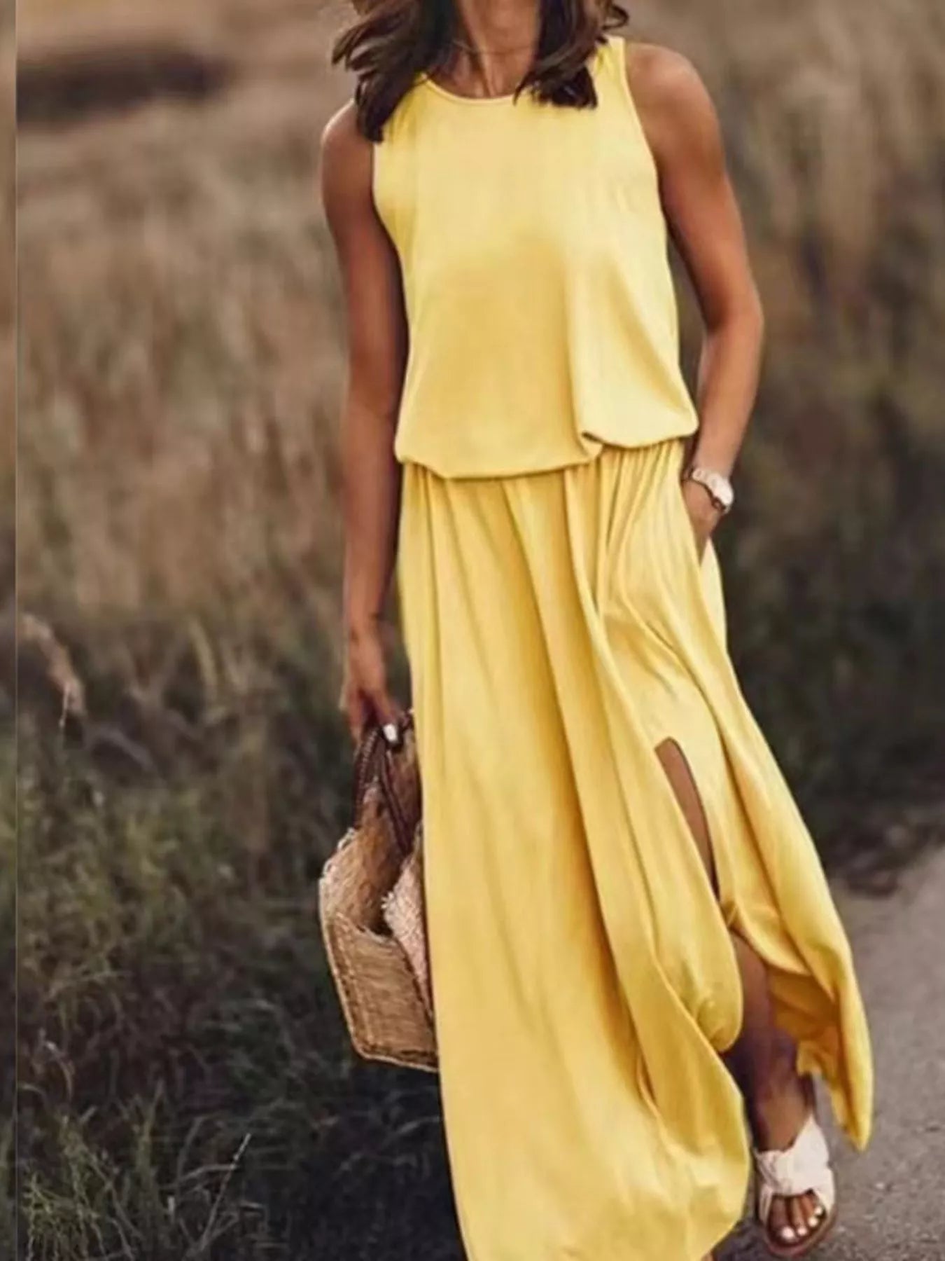 Full Size Round Neck Sleeveless Slit Maxi Dress Plus Size Yellow a9abc978-ecfb-42ff-ac11-e9d42961df92-Max-Origin