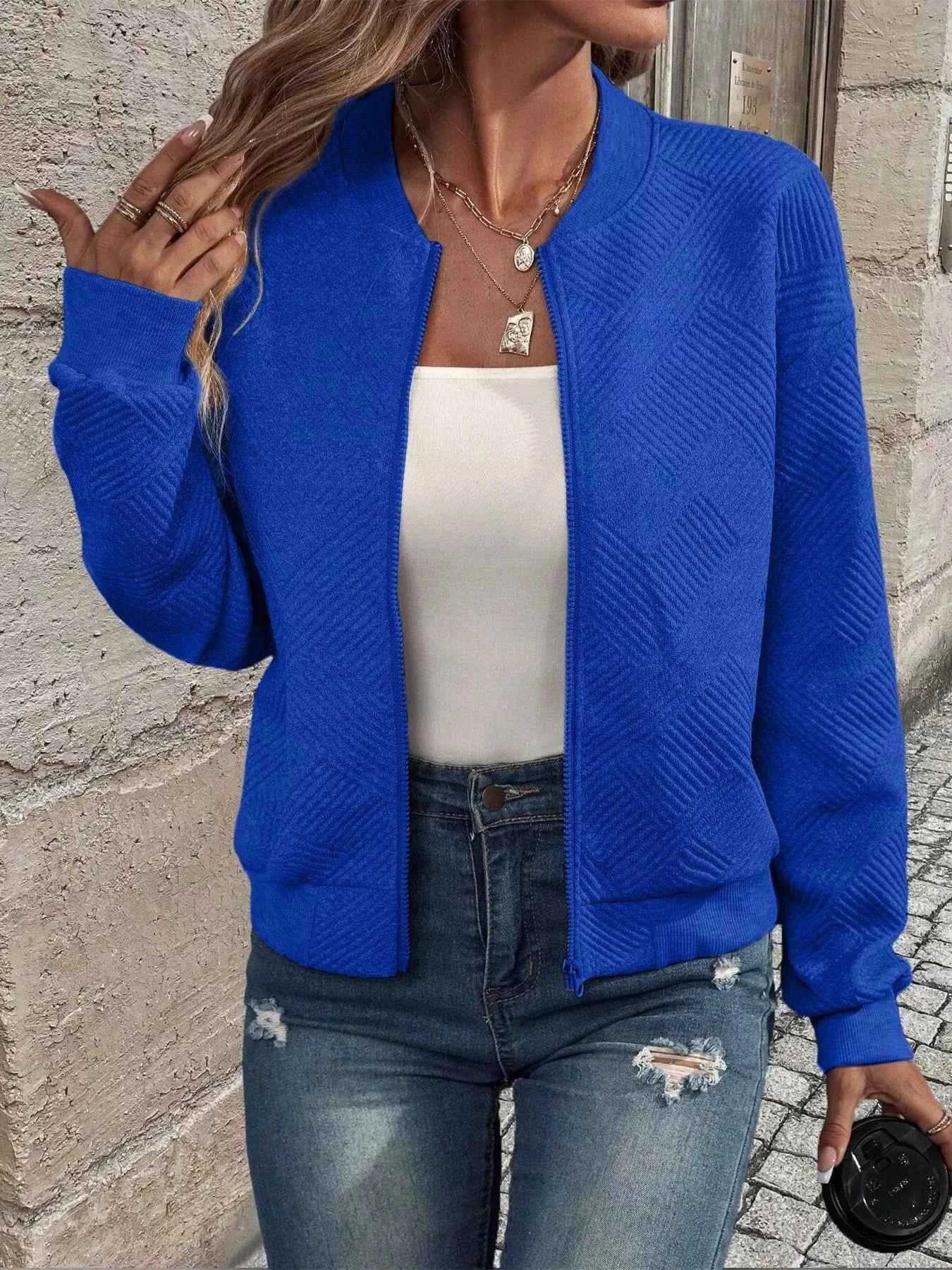 Texture Zip-Up Bomber Jacket Blue a9b0a1cefd934fcf9199f4f0b0882fe7-Max-Origin