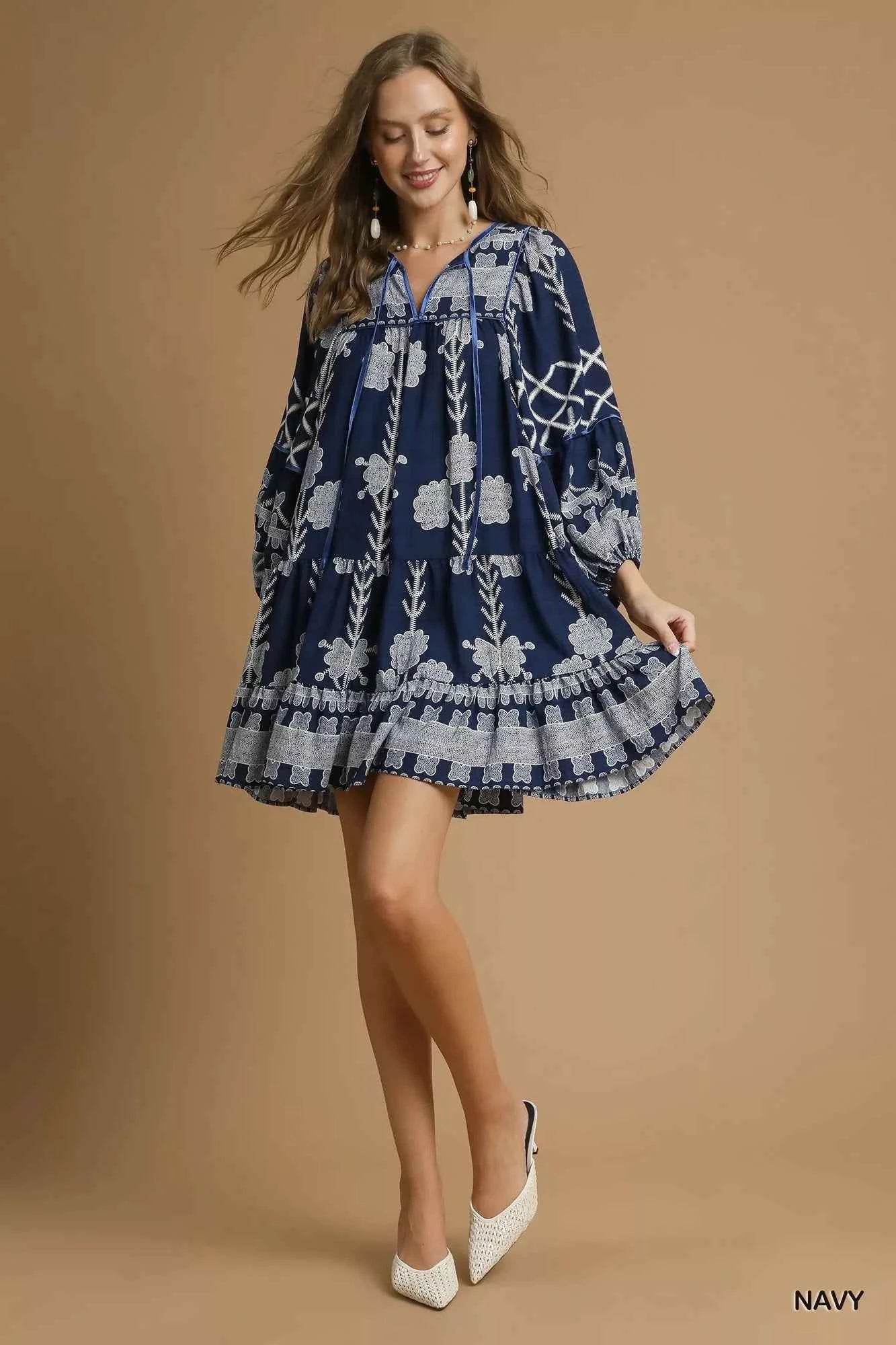 Umgee Tribal Print Dress with Tie Neck a9b1eab1-88e2-420b-b38b-25fa56c635bf-Max-Origin