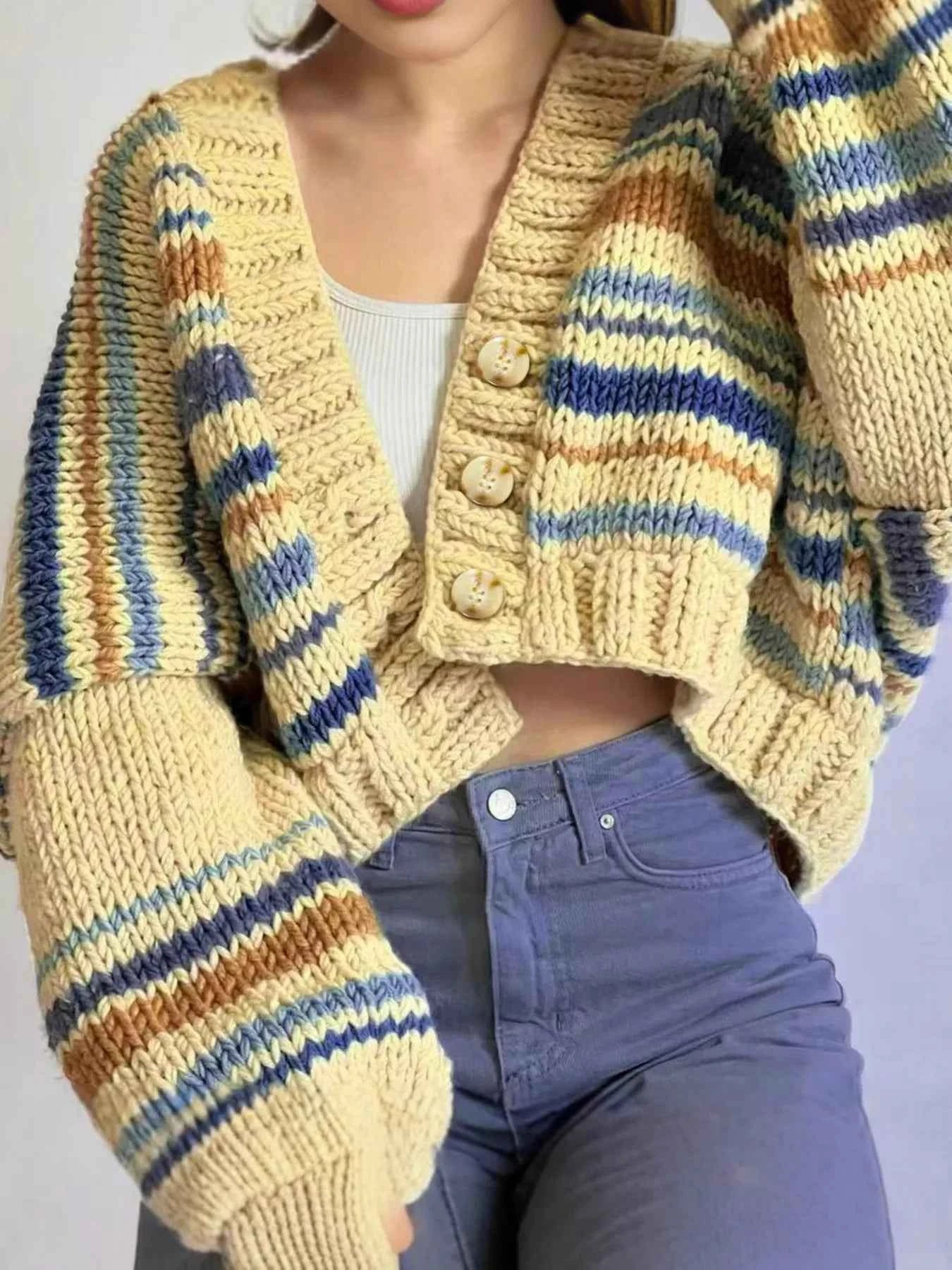 Chunky Knit Striped Cropped Cardigan a9b55d7a9d45481cb85562b2a16e1563-Max-Origin