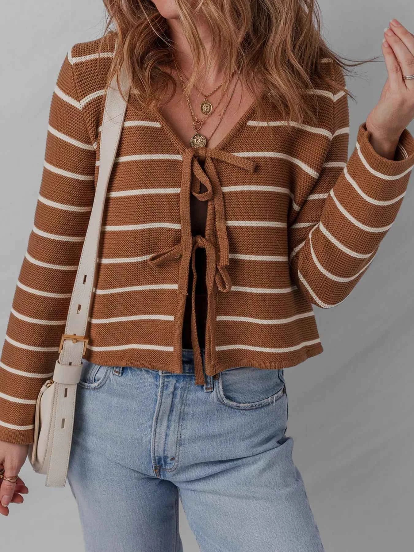 Tie Front Striped Knit V Neck Cardigan a9b57007c6a246b0aaf9339c81730ed5-Max-Origin