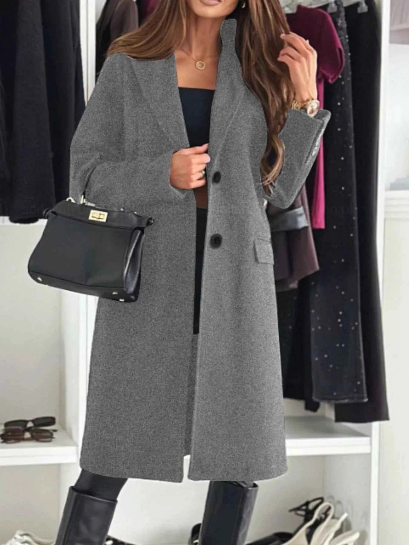 Lapel Collar Long Sleeve Coat Gray a9c1425f-6a44-44ab-9722-cf5a507c010c-Max-Origin