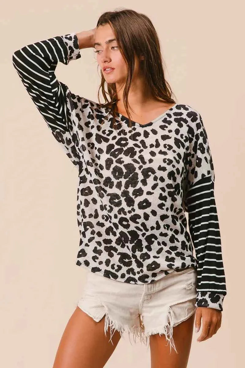 BiBi Leopard Hacci Knit Twist Back Top With Stripe Sleeve a9c6261811ab4b0f8687828c16184865-Max-Origin