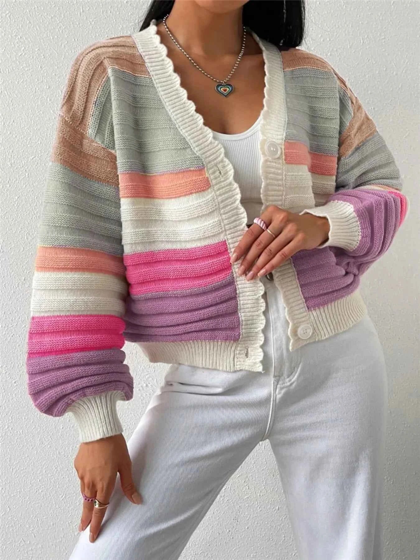 Rainbow Striped Cropped Cardigan with Balloon Sleeves