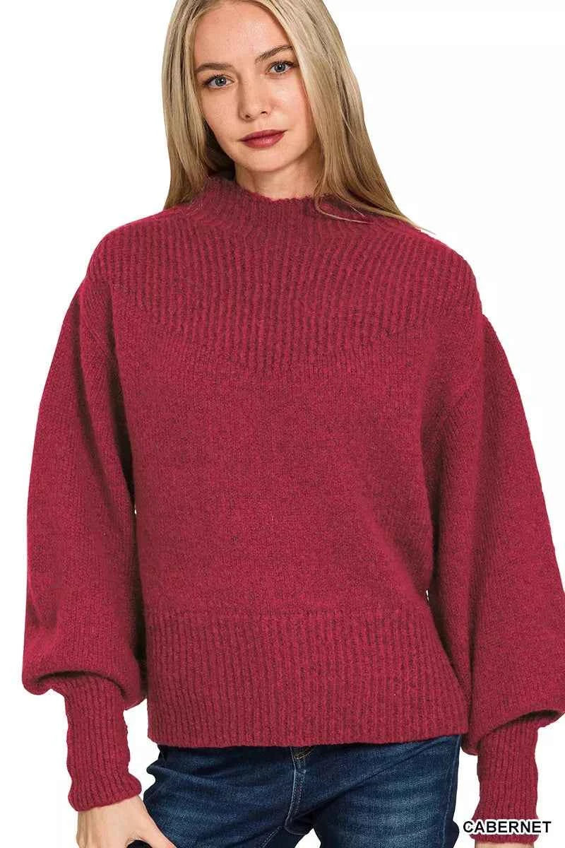 Zenana Balloon Sleeve Mock Neck Sweater