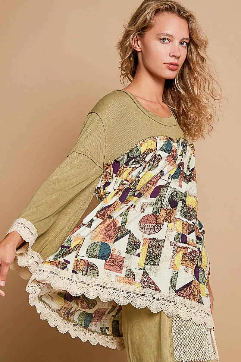 POL Bohemian Geometric Print Long Sleeve Top with Lace Trim a9d133e1-5d8c-4801-9031-cc7f9260c662-Max-Origin
