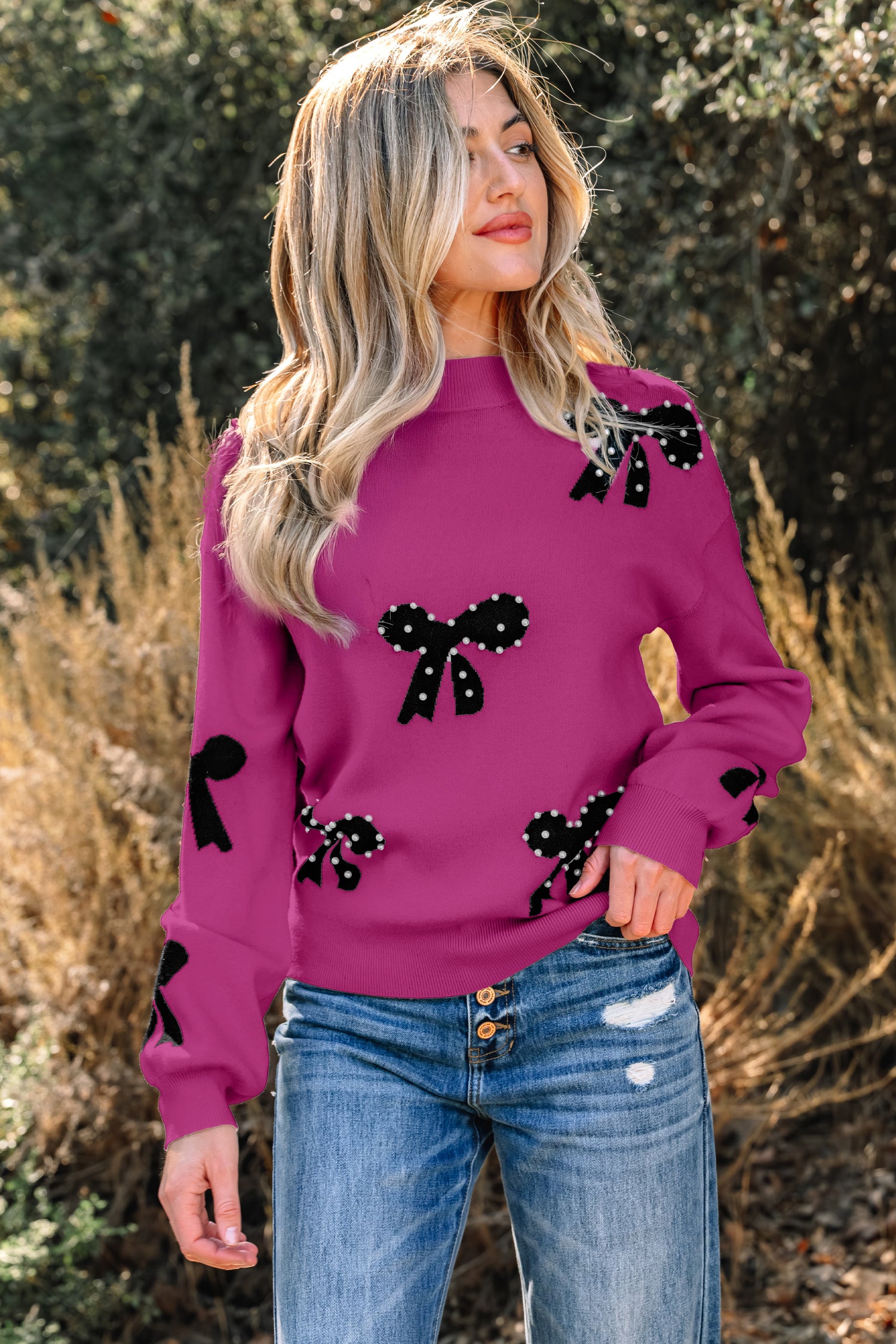 Bright Pink Pearl Embellished Bow Pattern Loose Sweater Bright Pink 52%Viscose+26%Polyester+22%Polyamide a9d2335e39533991