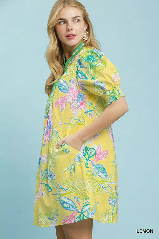 Botanical Print Dress with Smocked Cuffs a9d2d116-911d-4177-81b7-016d963bd921-Max-Origin