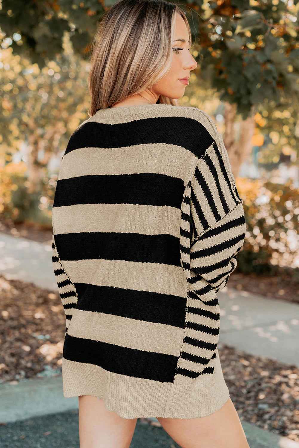 Brown Stripe Drop Shoulder Sleeve Patchwork Baggy Sweater a9d31f06b554c913